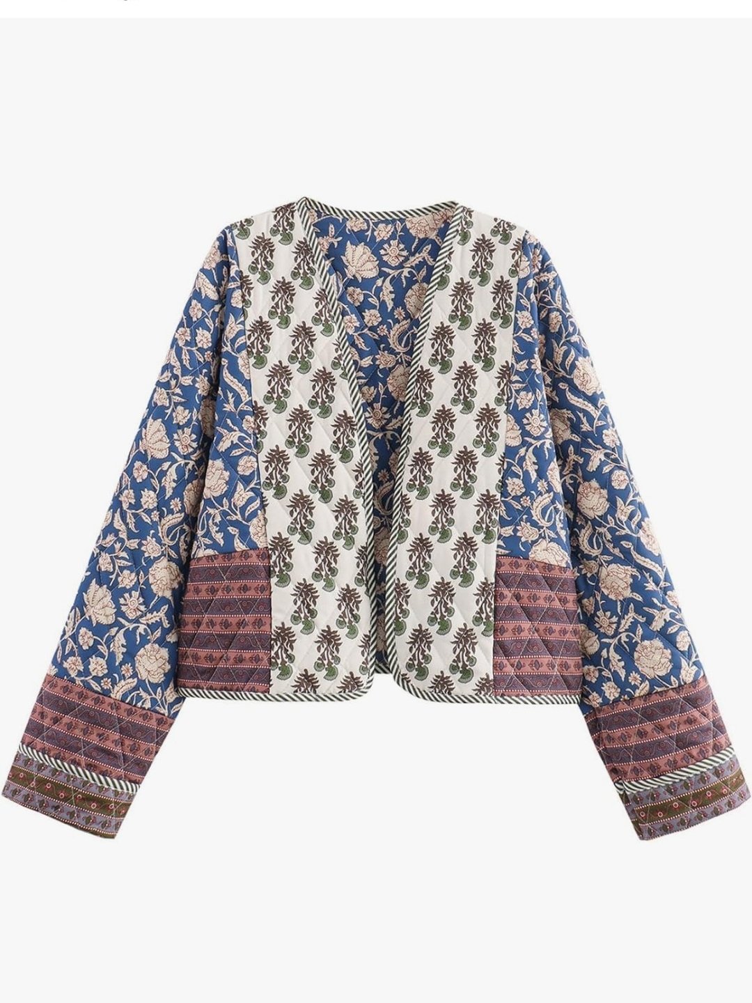 Bohemian Patchwork Floral Open Quilted Jacket - Blue/White/Pink